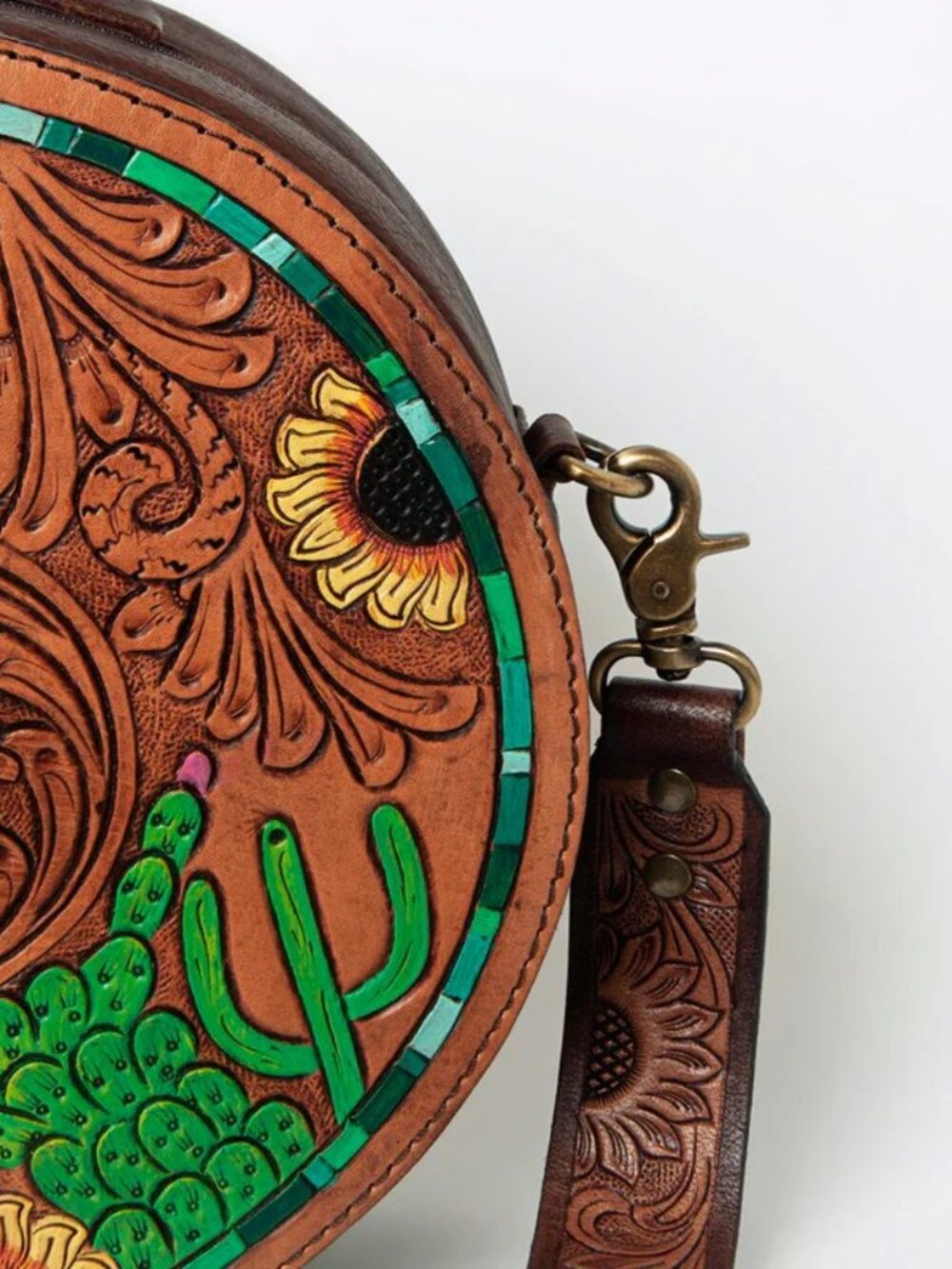 American Darling Desert Sunflower Bloom Tooled Crossbody Canteen Bag - Picture 3 of 6